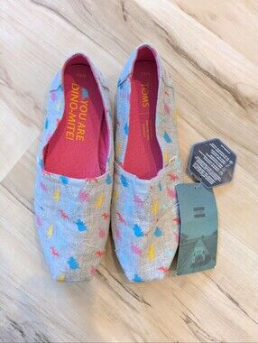 TOMS Slip-On Shoes with Colorful Dinosaur Print - Light Gray & Pink